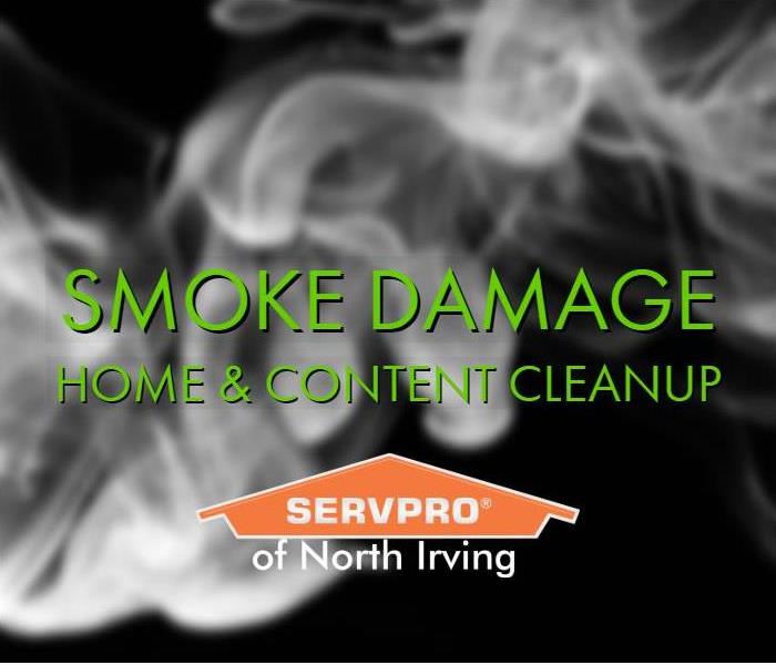 Dallas white smoke against black background with caption smoke damage cleanup by SERVPRO