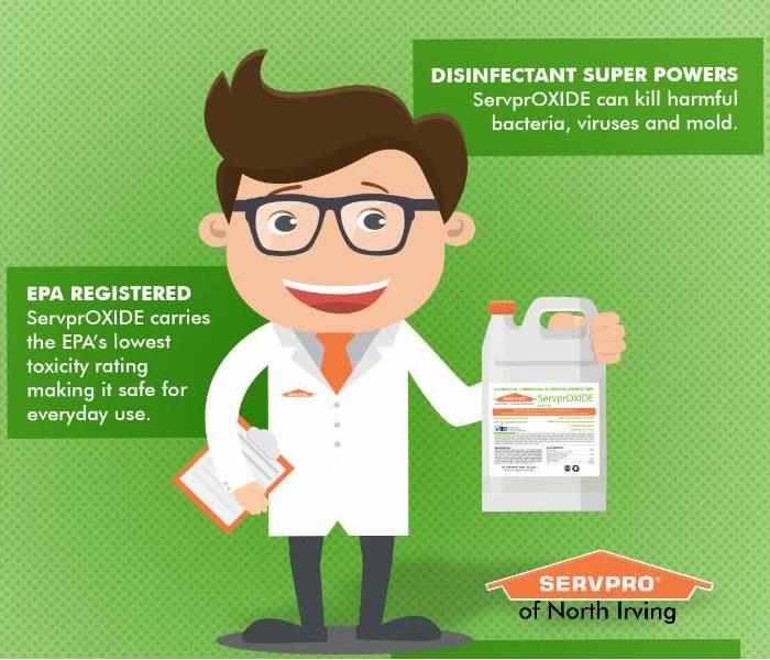 Cartoon scientist in white lab coat holding a bottle of Servpro Dallas Servproxide disinfectant